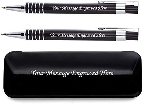 Personalised Engraved Black Pen and Pencil Set with Silver Trim in Engraved Black Case