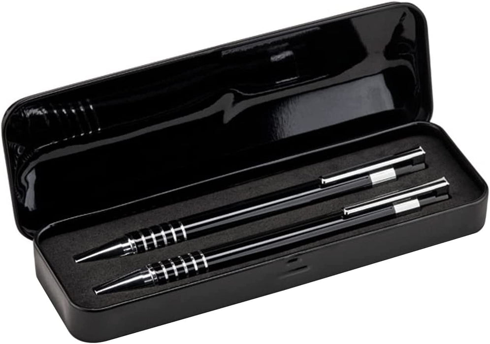 Personalised Engraved Black Pen and Pencil Set with Silver Trim in Engraved Black Case
