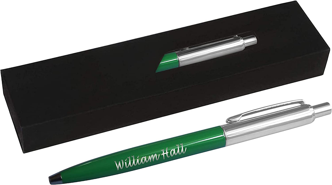 Personalised Engraved Green Slim Ballpoint Pen with Silver Trim in Chrome Case or Gift Box