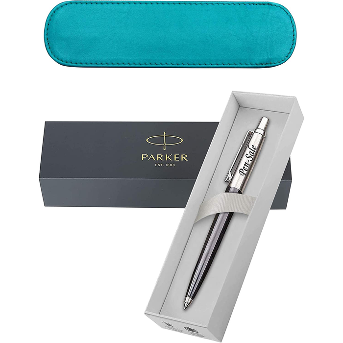 Personalised Black and Silver Parker Jotter Ballpoint Pen in Blue Leather Case and Parker Gift Box