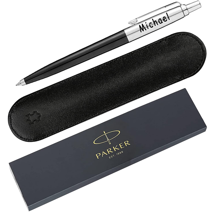 Personalised Engraved Parker Jotter Black Ballpoint Pen Gift Boxed with a Classy Genuine Leather Pen Slip