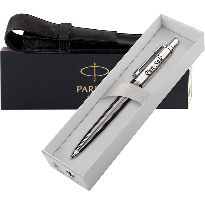 Personalised Engraved Parker Jotter Black Ballpoint Pen in Gift Box and Genuine Leather Pouch