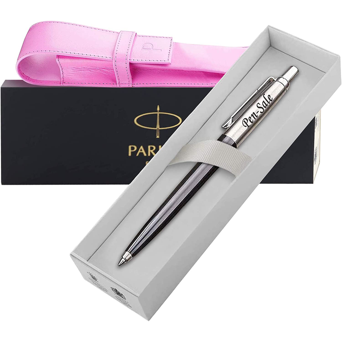 Personalised Engraved Parker Jotter Black Ballpoint Pen in Gift Box and Genuine Pink Leather Pouch