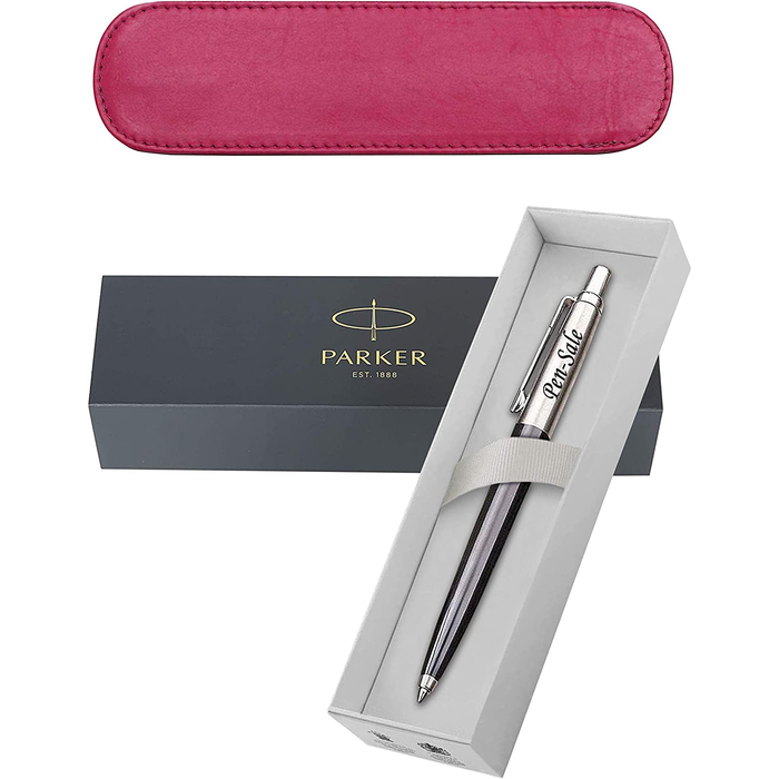 Personalised Black and Silver Parker Jotter Ballpoint Pen in Pink Leather Case and Parker Gift Box