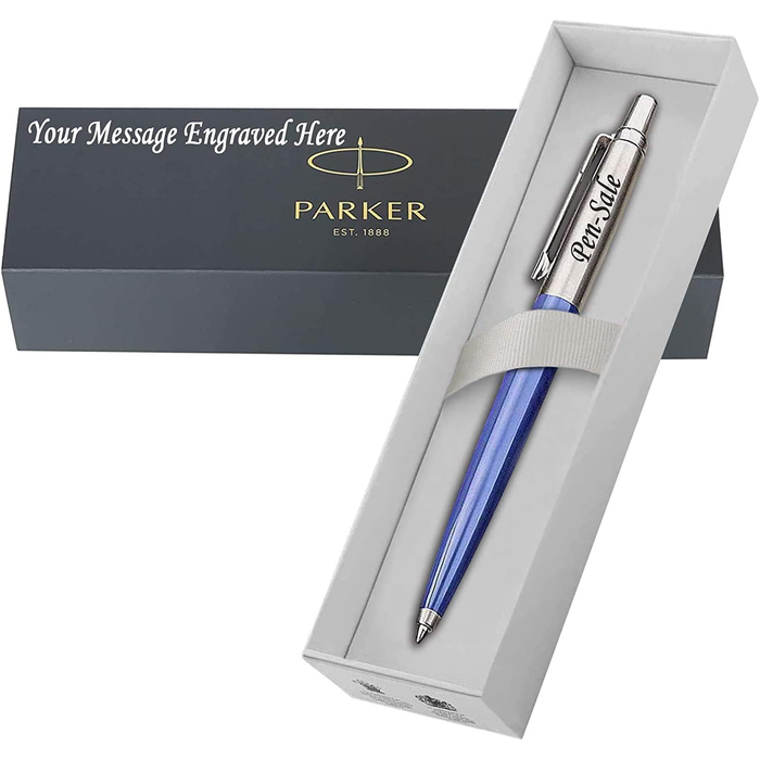 Personalised Engraved Parker Jotter Blue Ballpoint Pen in Engraved Parker Gift Box