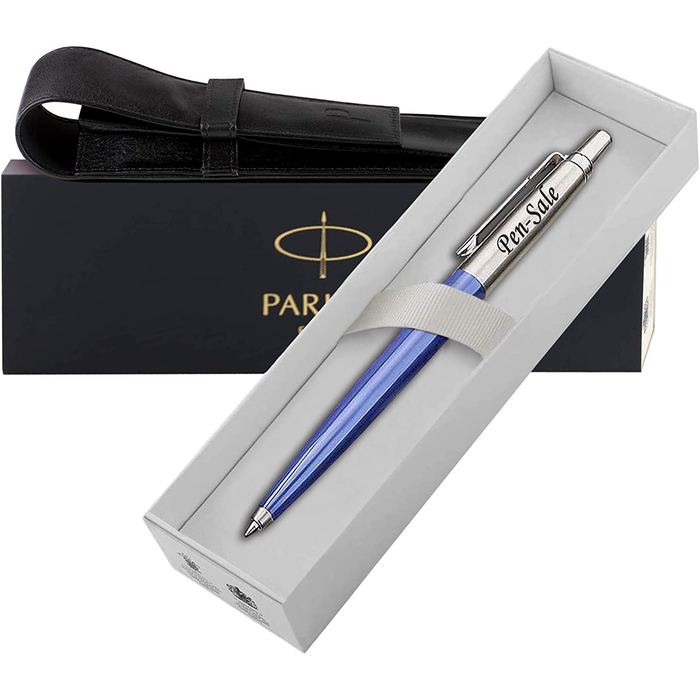 Personalised Engraved Parker Jotter Blue Ballpoint Pen in Gift Box and Genuine Leather Pouch