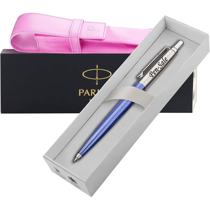 Personalised Engraved Parker Jotter Blue Ballpoint Pen in Gift Box and Genuine Pink Leather Pouch