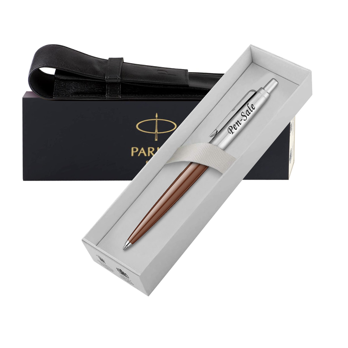 Personalised Engraved Parker Jotter Brown Ballpoint Pen in Gift Box and Genuine Leather Pouch