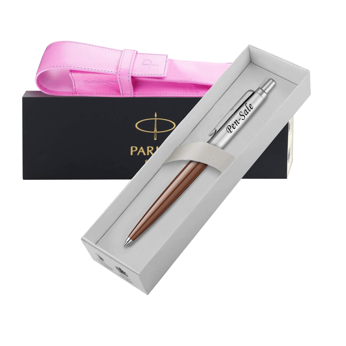 Personalised Engraved Parker Jotter Brown Ballpoint Pen in Gift Box and Genuine Pink Leather Pouch
