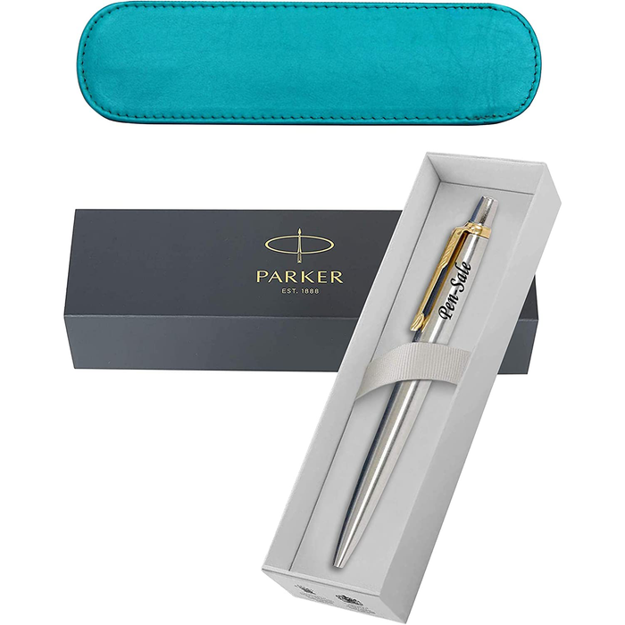 Personalised Silver Parker Jotter Ballpoint Pen with Gold Trim in Blue Leather Case and Parker Gift Box