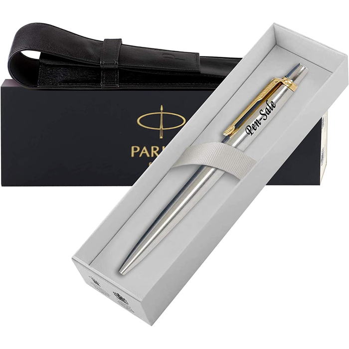 Personalised Engraved Parker Jotter Stainless Steel Gold Trim Ballpoint Pen in Gift Box and Genuine Leather Pouch