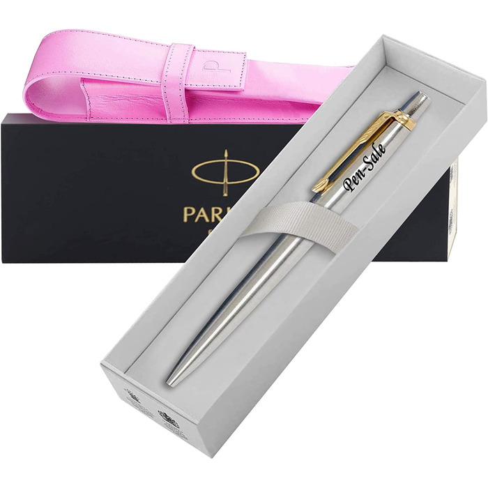 Personalised Engraved Parker Jotter Stainless Steel Gold Trim Ballpoint Pen in Gift Box and Genuine Pink Leather Pouch