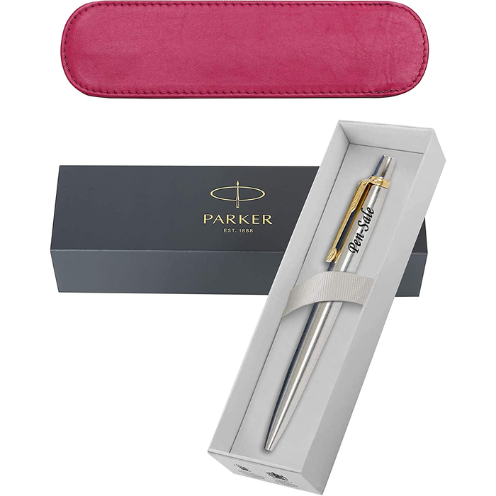 Personalised Silver Parker Jotter Ballpoint Pen with Gold Trim in Pink Leather Case and Parker Gift Box