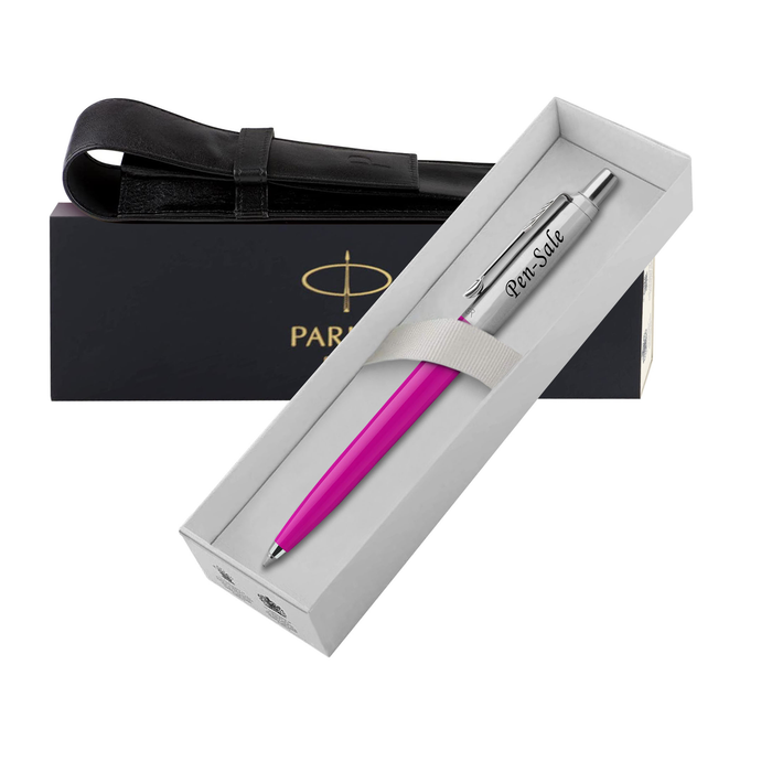 Personalised Engraved Parker Jotter Pink Ballpoint Pen in Gift Box and Genuine Leather Pouch