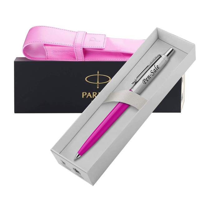 Personalised Engraved Parker Jotter Pink Ballpoint Pen in Gift Box and Genuine Pink Leather Pouch