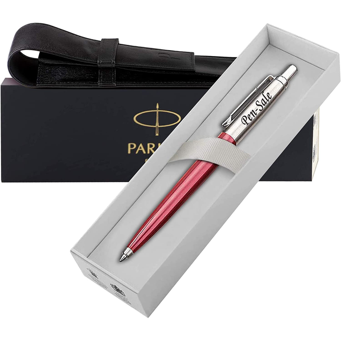 Personalised Engraved Parker Jotter Red Ballpoint Pen in Gift Box and Genuine Leather Pouch