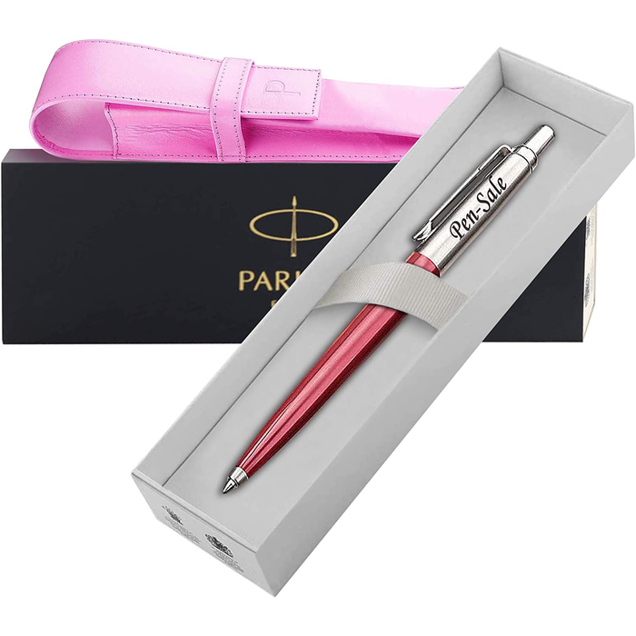 Personalised Engraved Parker Jotter Red Ballpoint Pen in Gift Box and Genuine Pink Leather Pouch