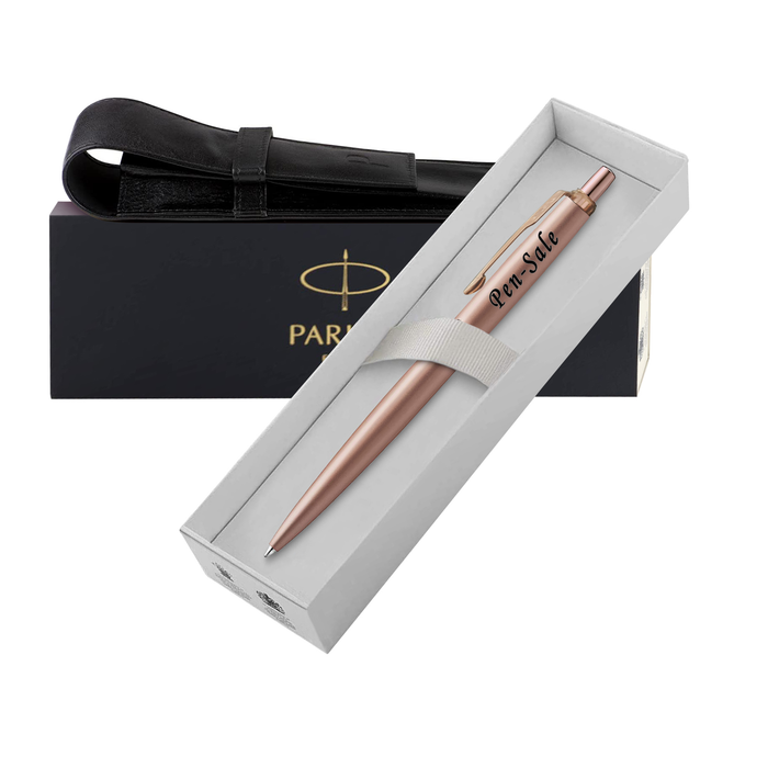 Personalised Engraved Parker Jotter Stainless Steel Rose Gold Ballpoint Pen in Gift Box and Genuine Leather Pouch
