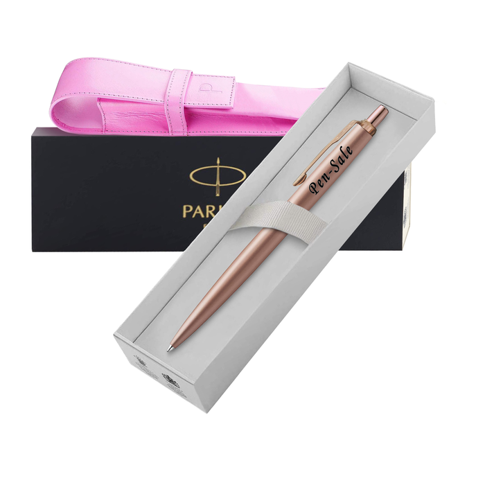 Personalised Engraved Parker Jotter Stainless Steel Rose Gold Ballpoint Pen in Gift Box and Genuine Pink Leather Pouch