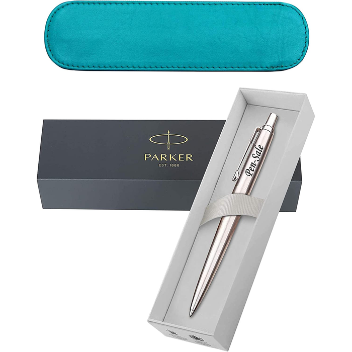 Personalised Silver Parker Jotter Ballpoint Pen with Silver Trim in Blue Leather Case and Parker Gift Box