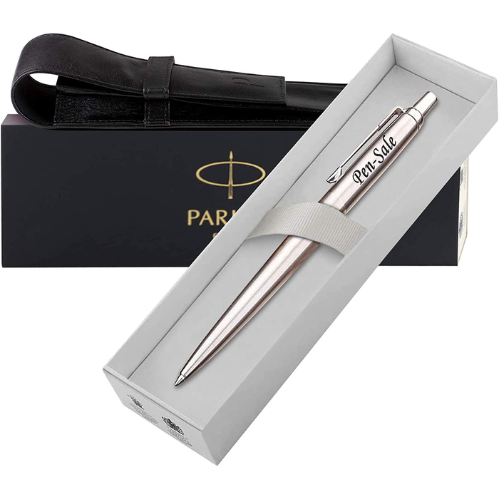 Personalised Engraved Parker Jotter Stainless Steel Ballpoint Pen in Gift Box and Genuine Leather Pouch