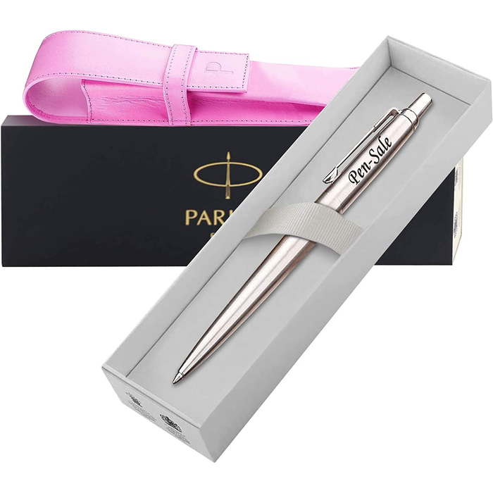 Personalised Engraved Parker Jotter Stainless Steel Ballpoint Pen in Gift Box and Genuine Pink Leather Pouch