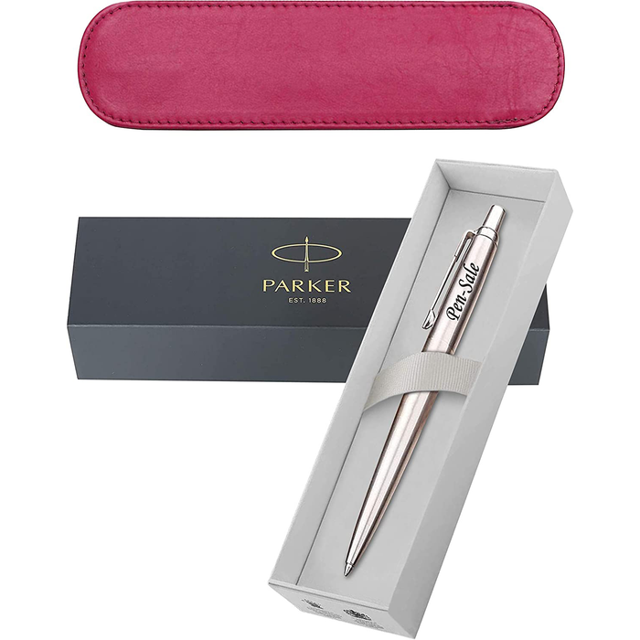 Personalised Silver Parker Jotter Ballpoint Pen with Silver Trim in Pink Leather Case and Parker Gift Box