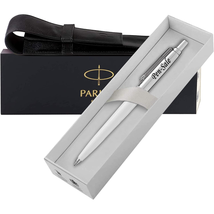 Personalised Engraved Parker Jotter White Ballpoint Pen in Gift Box and Genuine Leather Pouch