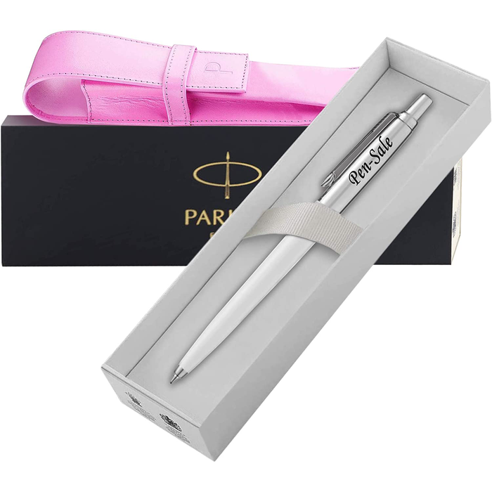 Personalised Engraved Parker Jotter White Ballpoint Pen in Gift Box and Genuine Pink Leather Pouch
