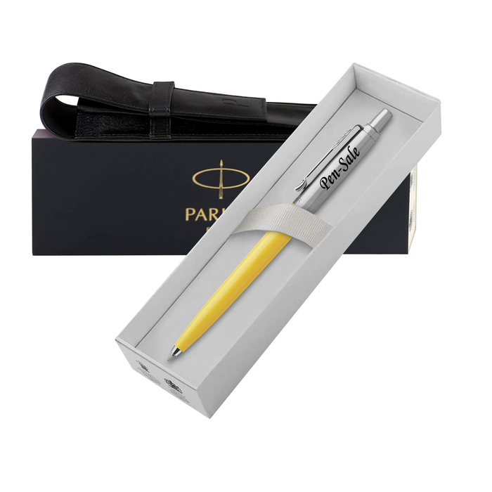 Personalised Engraved Parker Jotter Yellow Ballpoint Pen in Gift Box and Genuine Leather Pouch