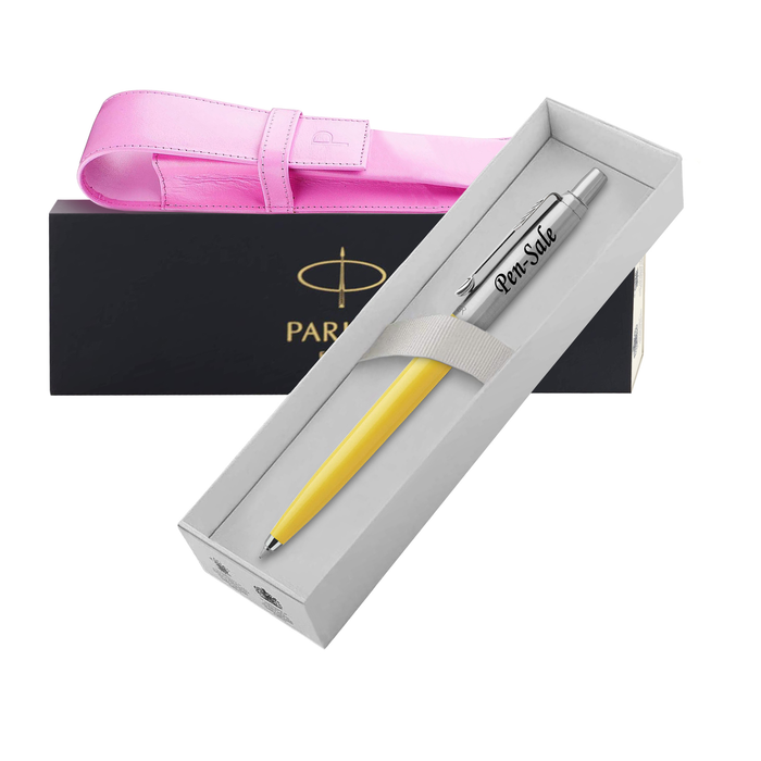 Personalised Engraved Parker Jotter Yellow Ballpoint Pen in Gift Box and Genuine Pink Leather Pouch