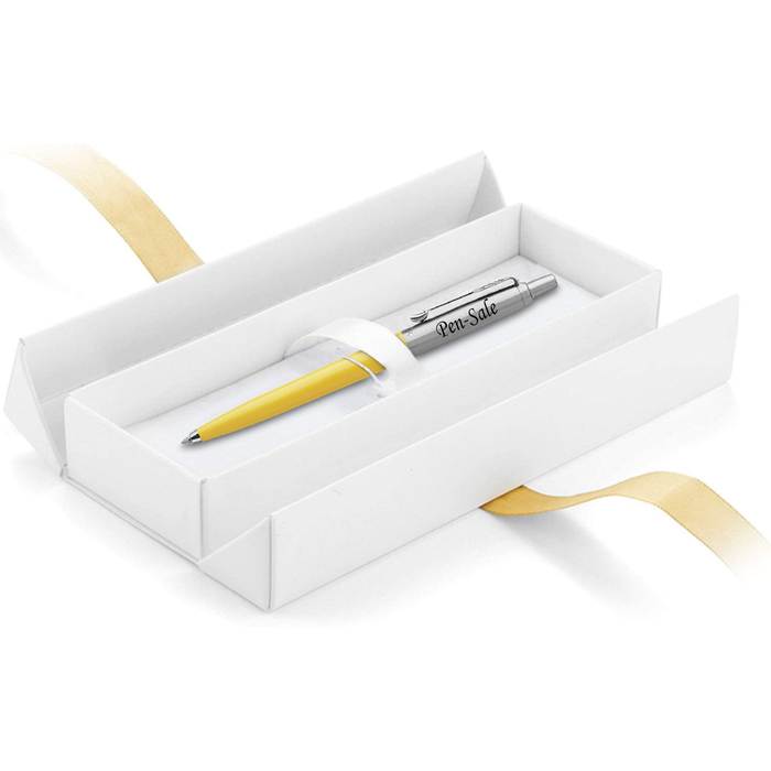 Personalised Engraved Parker Jotter Yellow Blue Ink Ballpoint Pen in Ribbon Presentation Box