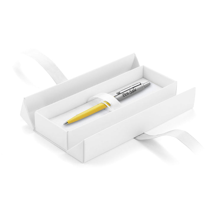 Personalised Engraved Parker Jotter Yellow Blue Ink Ballpoint Pen in Ribbon Presentation Box