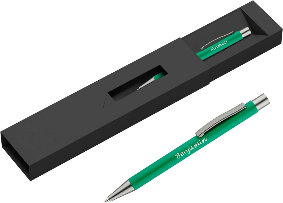 Personalised Green Ballpoint Pen with Rubber Design and Silver Trim in Gift Box or Velvet Pouch