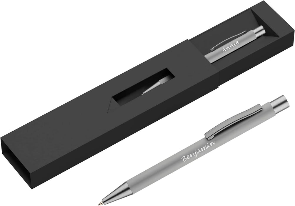 Personalised Light Grey Ballpoint Pen with Rubber Design and Silver Trim in Gift Box or Velvet Pouch