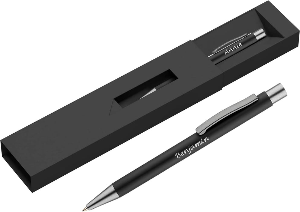 Personalised Black Ballpoint Pen with Rubber Design and Silver Trim in Gift Box or Velvet Pouch