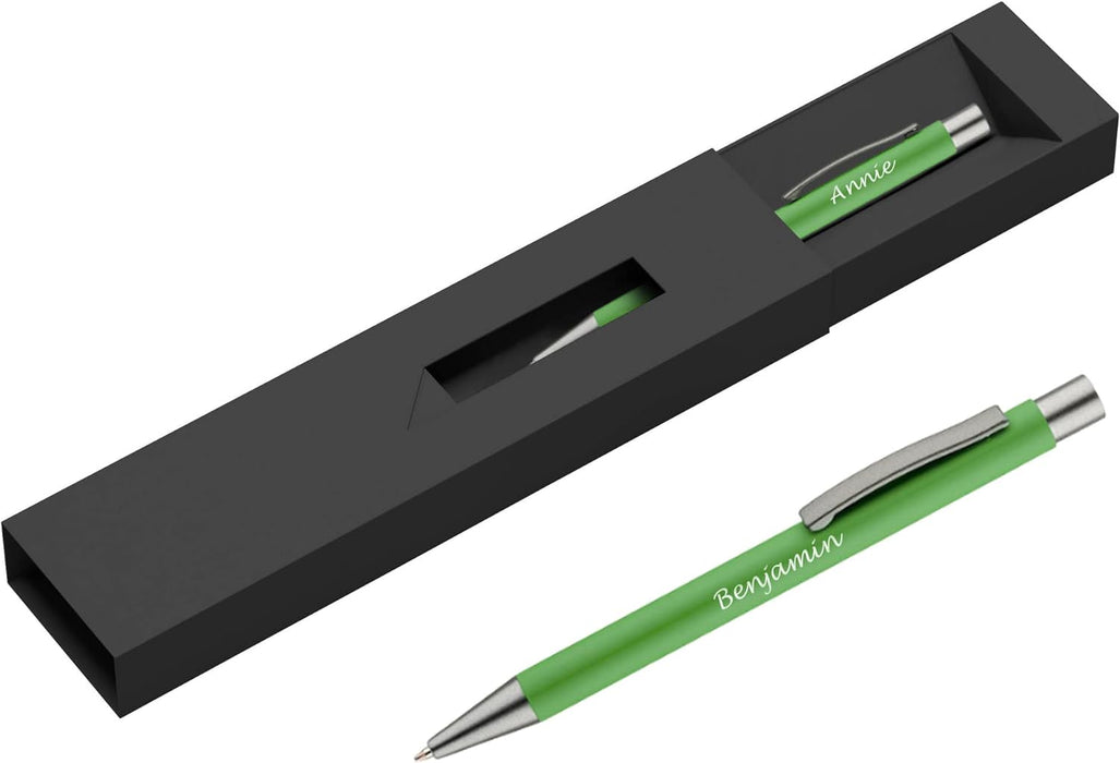 Personalised Lime Green Ballpoint Pen with Rubber Design and Silver Trim in Gift Box or Velvet Pouch