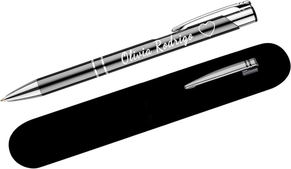 Personalised Engraved Dark Grey Ballpen with Silver Trim in Gift Box or Velvet Pouch with Refill Options