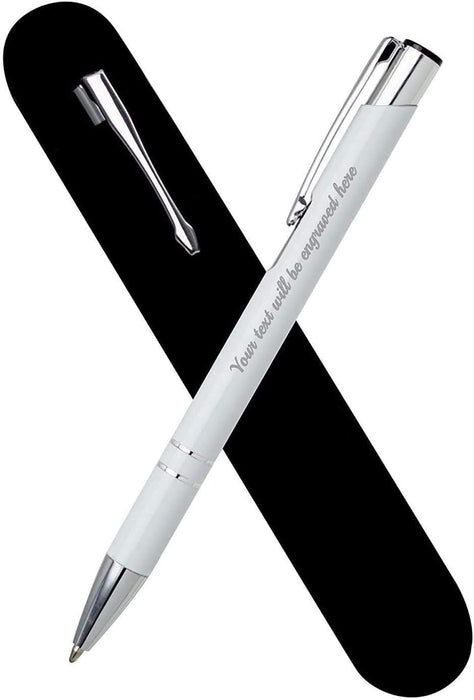 Personalised Engraved White Ballpen with Silver Trim in Gift Box or Velvet Pouch with Refill Options