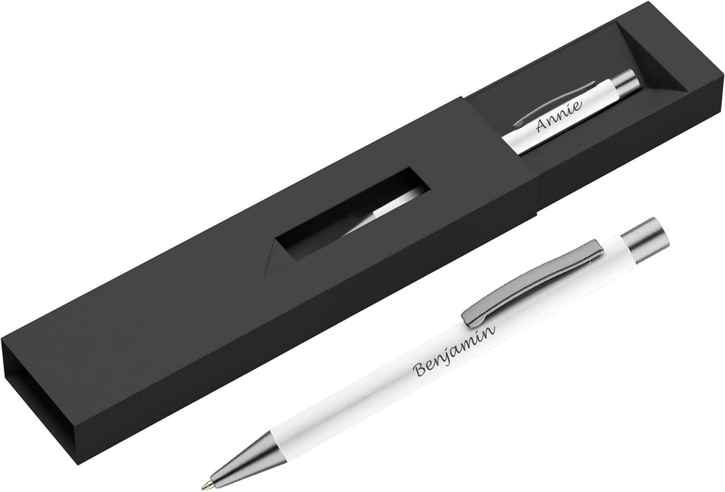 Personalised White Ballpoint Pen with Rubber Design and Silver Trim in Gift Box or Velvet Pouch