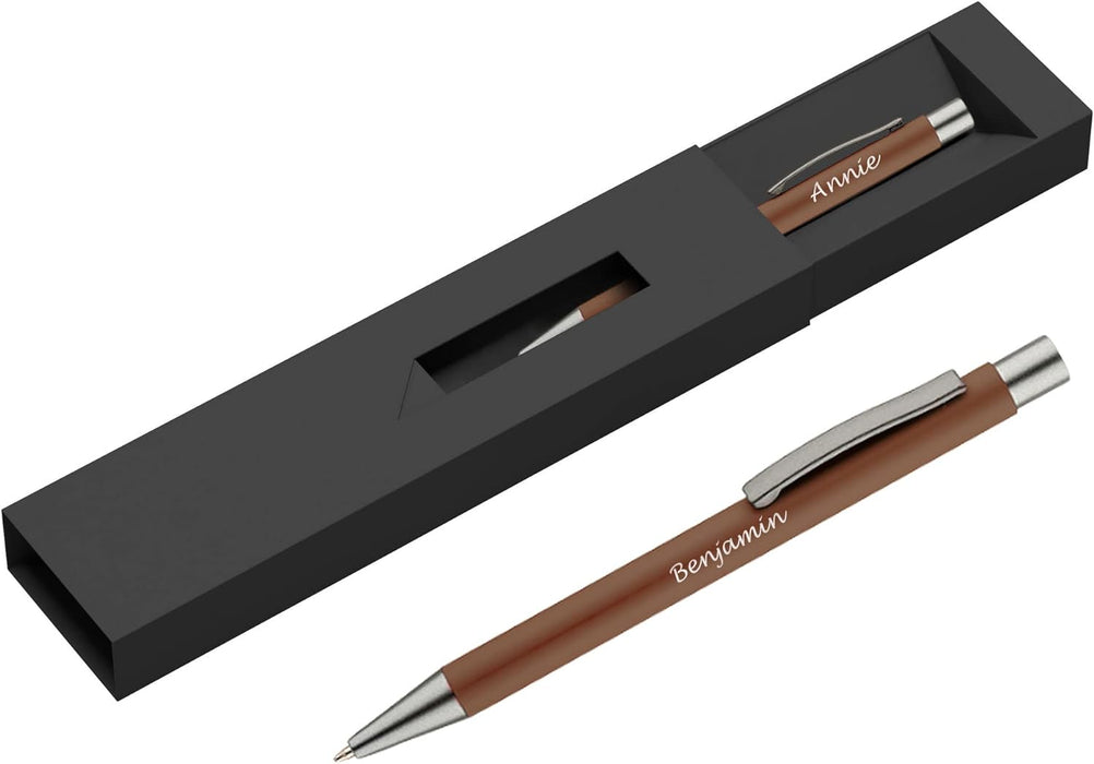 Personalised Brown Ballpoint Pen with Rubber Design and Silver Trim in Gift Box or Velvet Pouch