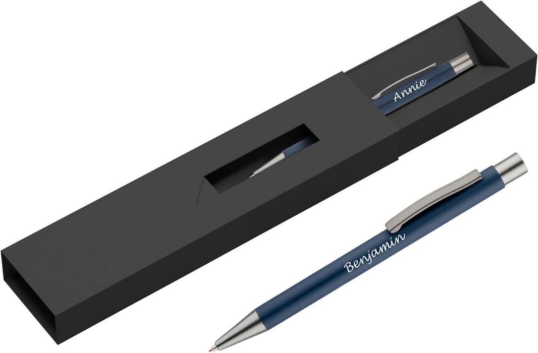 Personalised Dark Blue Ballpoint Pen with Rubber Design and Silver Trim in Gift Box or Velvet Pouch