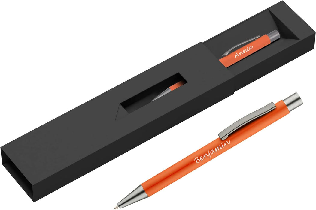 Personalised Orange Ballpoint Pen with Rubber Design and Silver Trim in Gift Box or Velvet Pouch