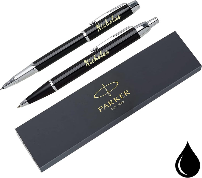 Personalised Parker IM Black Ballpen & Rollerball Pen Set with Silver Trim in Parker Presentation Box