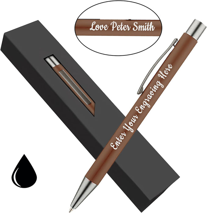 Personalised Brown Ballpoint Pen with Rubber Design and Silver Trim in Gift Box or Velvet Pouch