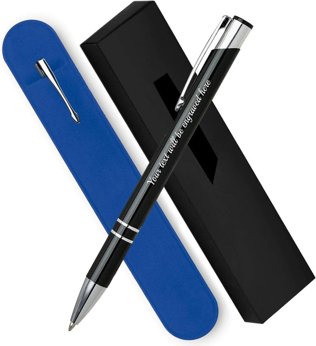 Personalised Engraved Black Ballpen with Silver Trim in Gift Box or Velvet Pouch with Refill Options