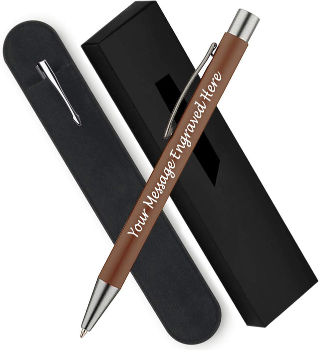 Personalised Brown Ballpoint Pen with Rubber Design and Silver Trim in Gift Box or Velvet Pouch