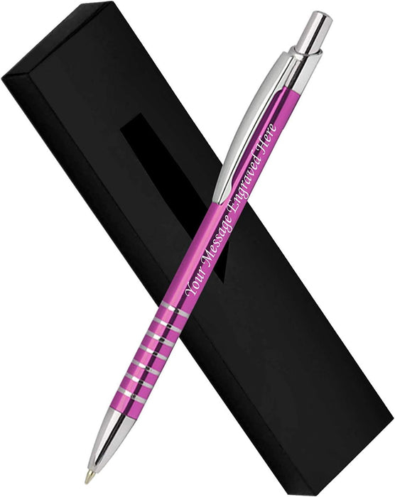 Personalised Engraved Black Aluminium Ballpoint Pen with Striped Silver Trim and Presentation Box