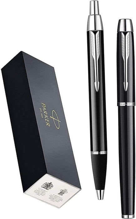 Personalised Parker IM Black Ballpen & Rollerball Pen Set with Silver Trim in Parker Presentation Box