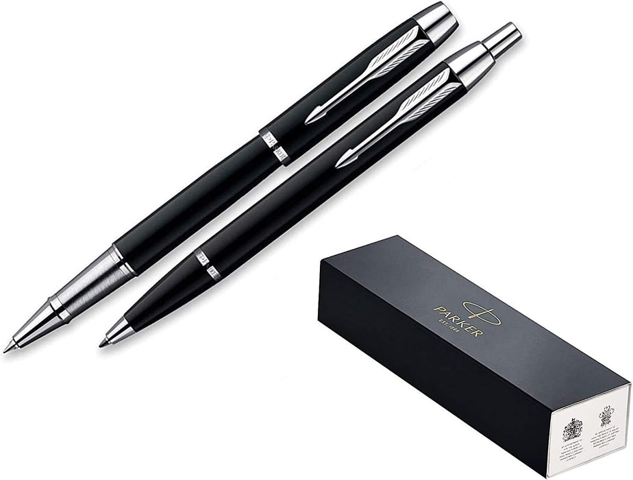 Personalised Parker IM Black Ballpen & Rollerball Pen Set with Silver Trim in Parker Presentation Box